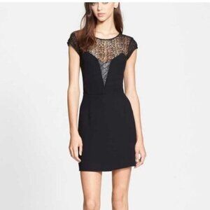 The Kooples Robe Lace & Leather Mini Dress Crepe Cap sleeve Black Size XS